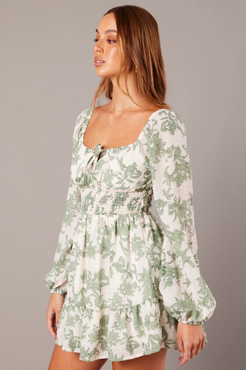 White Floral Fit and Flare Dress Long Sleeve Ruched Bust for Ally Fashion