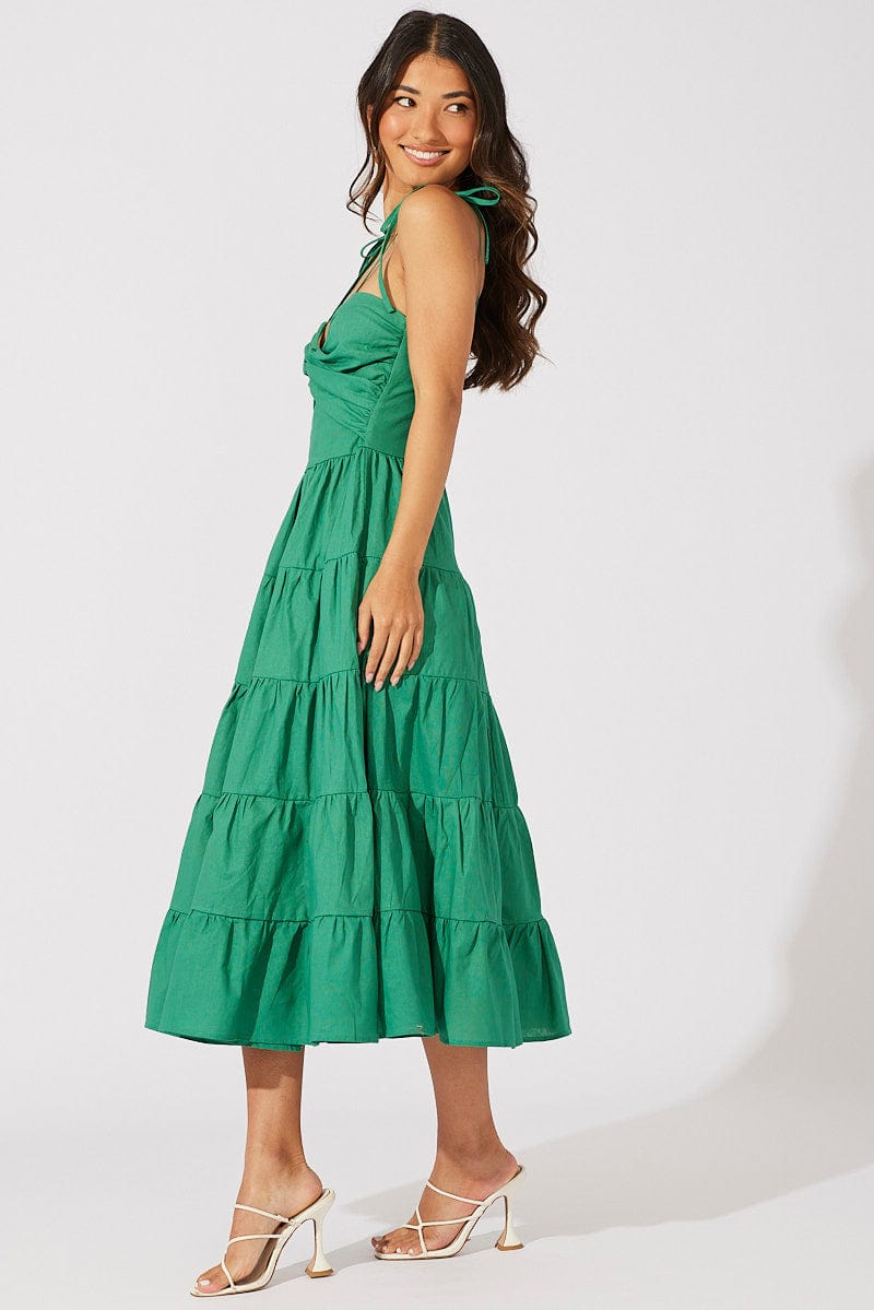 Green Midi Dress Sleeveless Tiered Twist Front for Ally Fashion