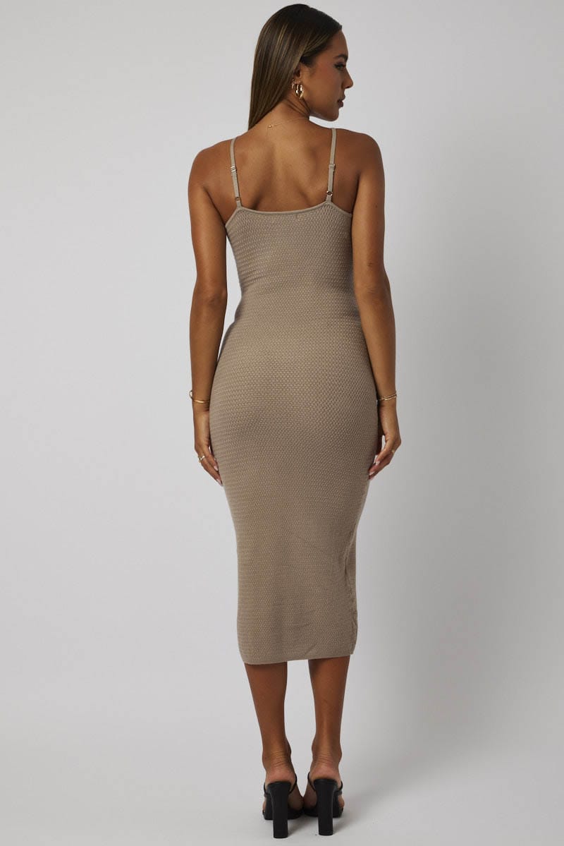Beige Knit Dress Sleeveless Cut Out for Ally Fashion