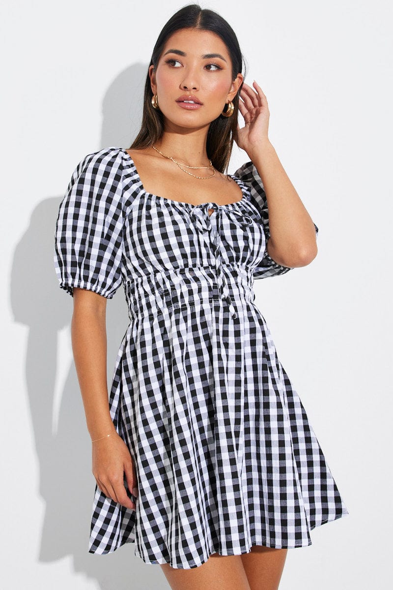 Black Check Fit and Flare Dress Short Sleeve Ruched for Ally Fashion