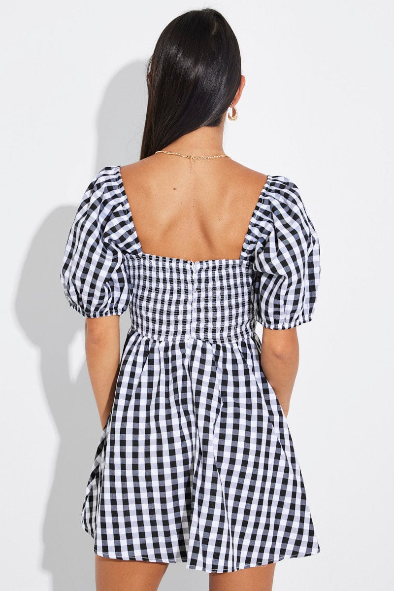 Black Check Fit and Flare Dress Short Sleeve Ruched for Ally Fashion