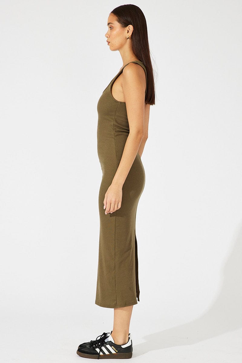 Green Midi Dress Sleeveless Bodycon Rib for Ally Fashion