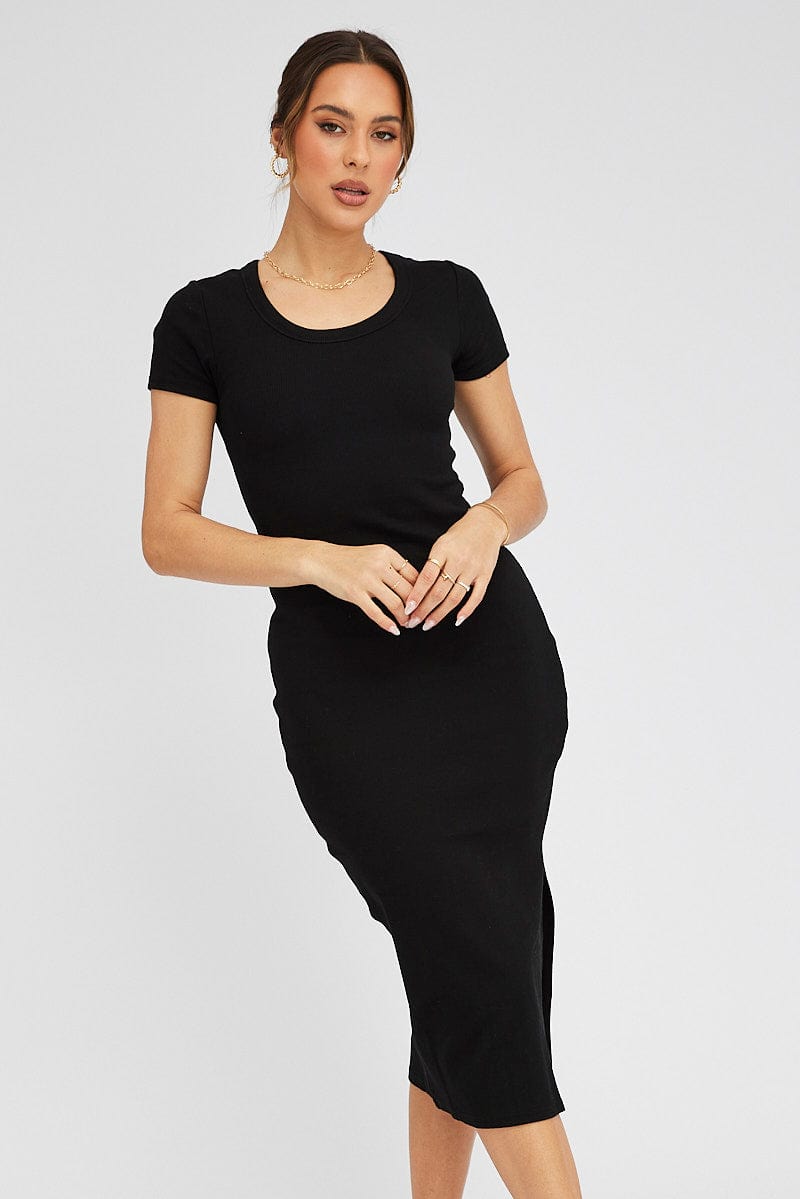 Black Midi Dress Short Sleeve Rib | Ally Fashion