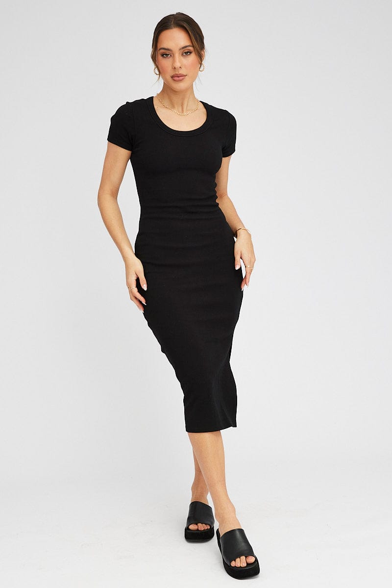 Black Midi Dress Short Sleeve Rib for Ally Fashion