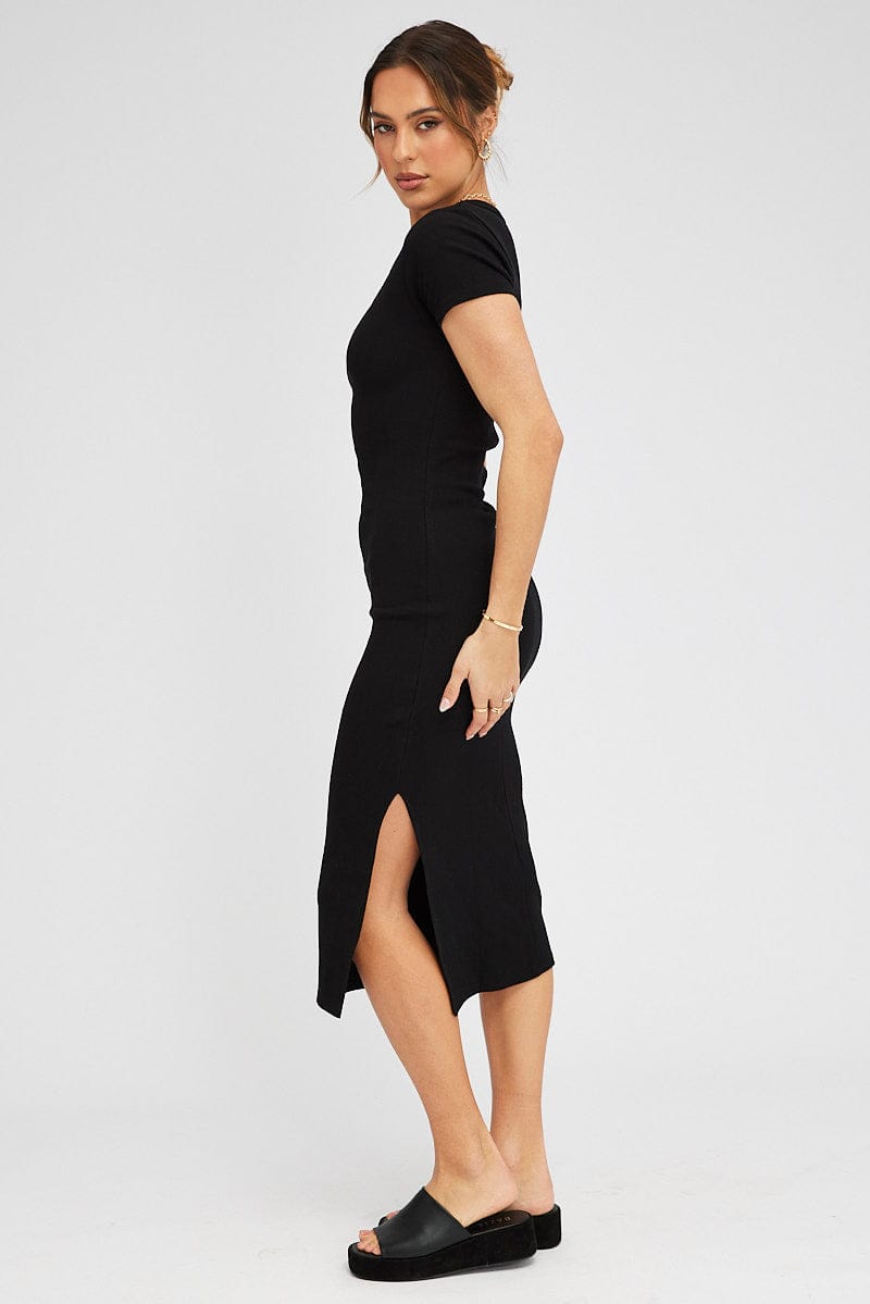 Black Midi Dress Short Sleeve Rib for Ally Fashion