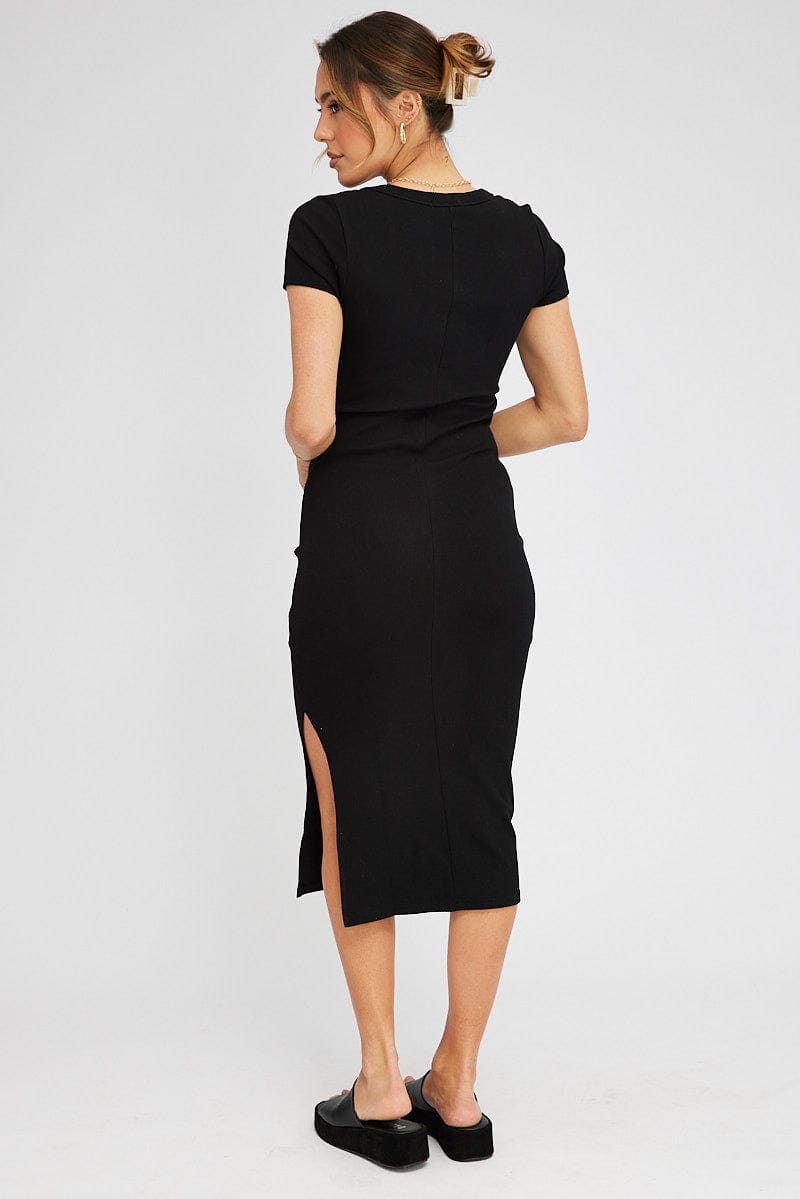 Black Midi Dress Short Sleeve Rib for Ally Fashion