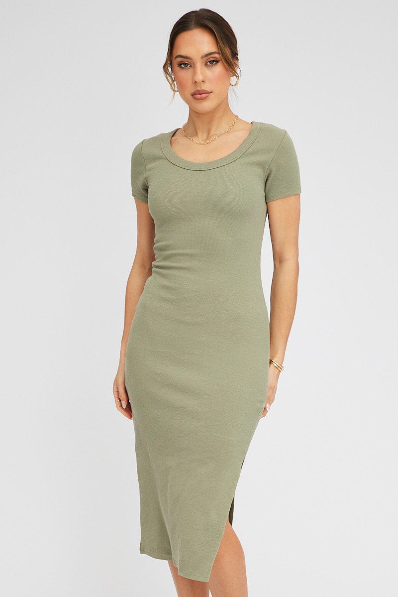 Green Midi Dress Short Sleeve Rib for Ally Fashion