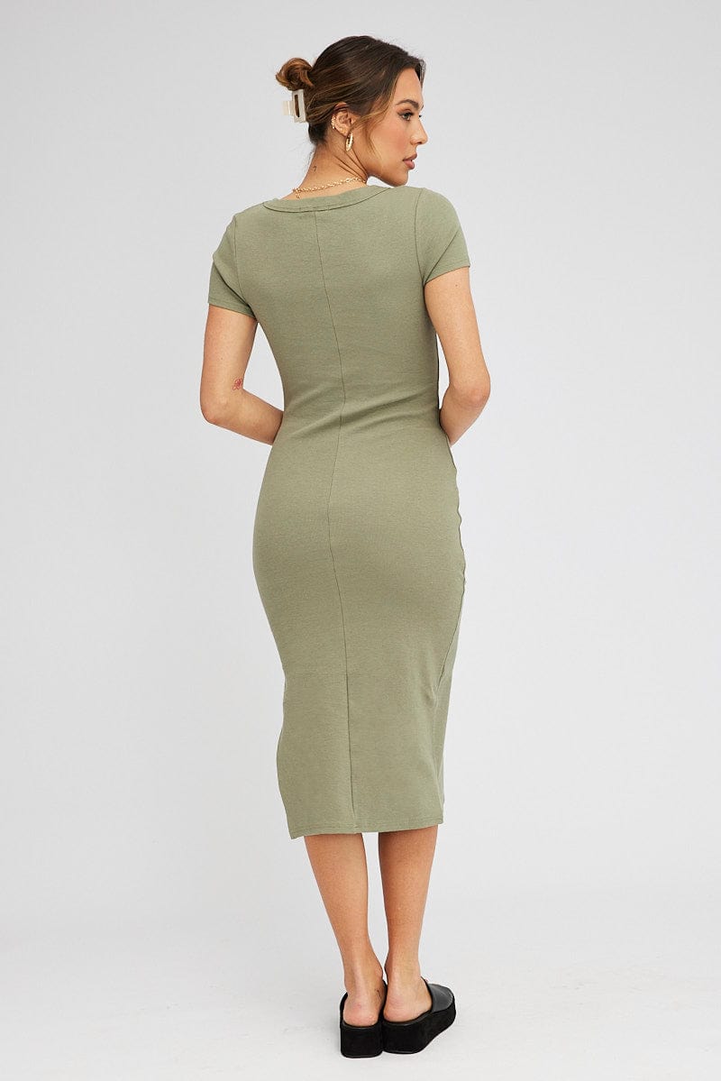 Green Midi Dress Short Sleeve Rib for Ally Fashion