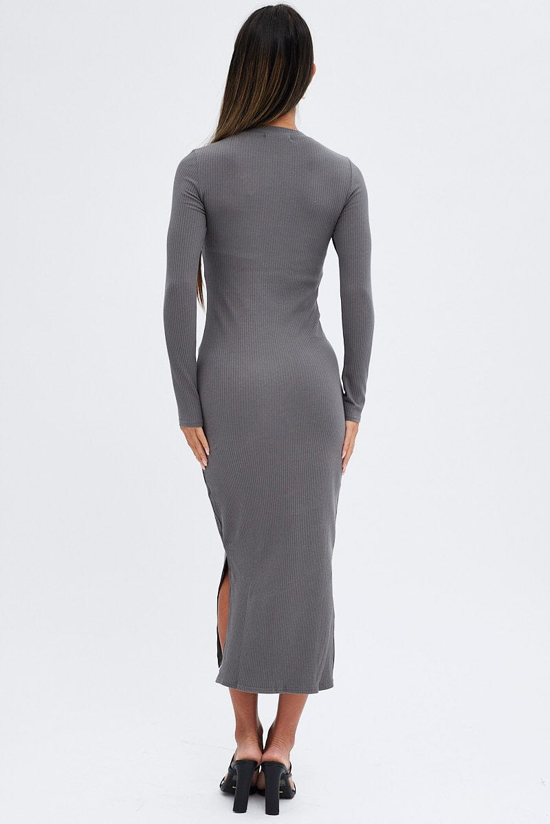 Grey Midi Dress Long Sleeve Mock Neck Cut Out Bodycon for Ally Fashion