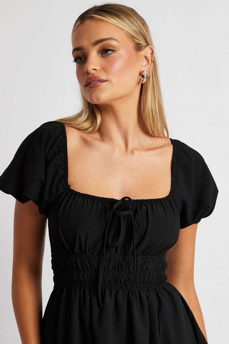 Black Midi Dress Short Sleeve Ruched Bust for Ally Fashion