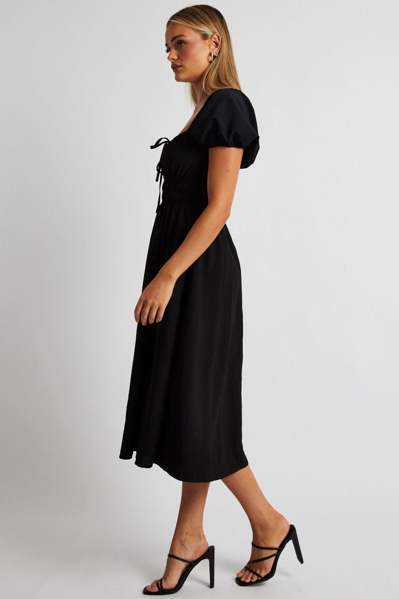 Black Midi Dress Short Sleeve Ruched Bust for Ally Fashion