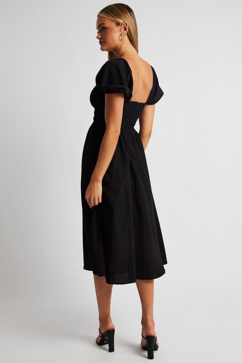 Black Midi Dress Short Sleeve Ruched Bust for Ally Fashion