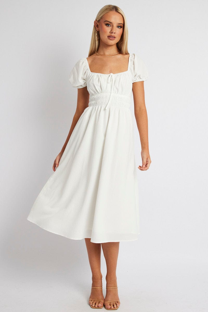 White Midi Dress Short Sleeve Ruched Bust