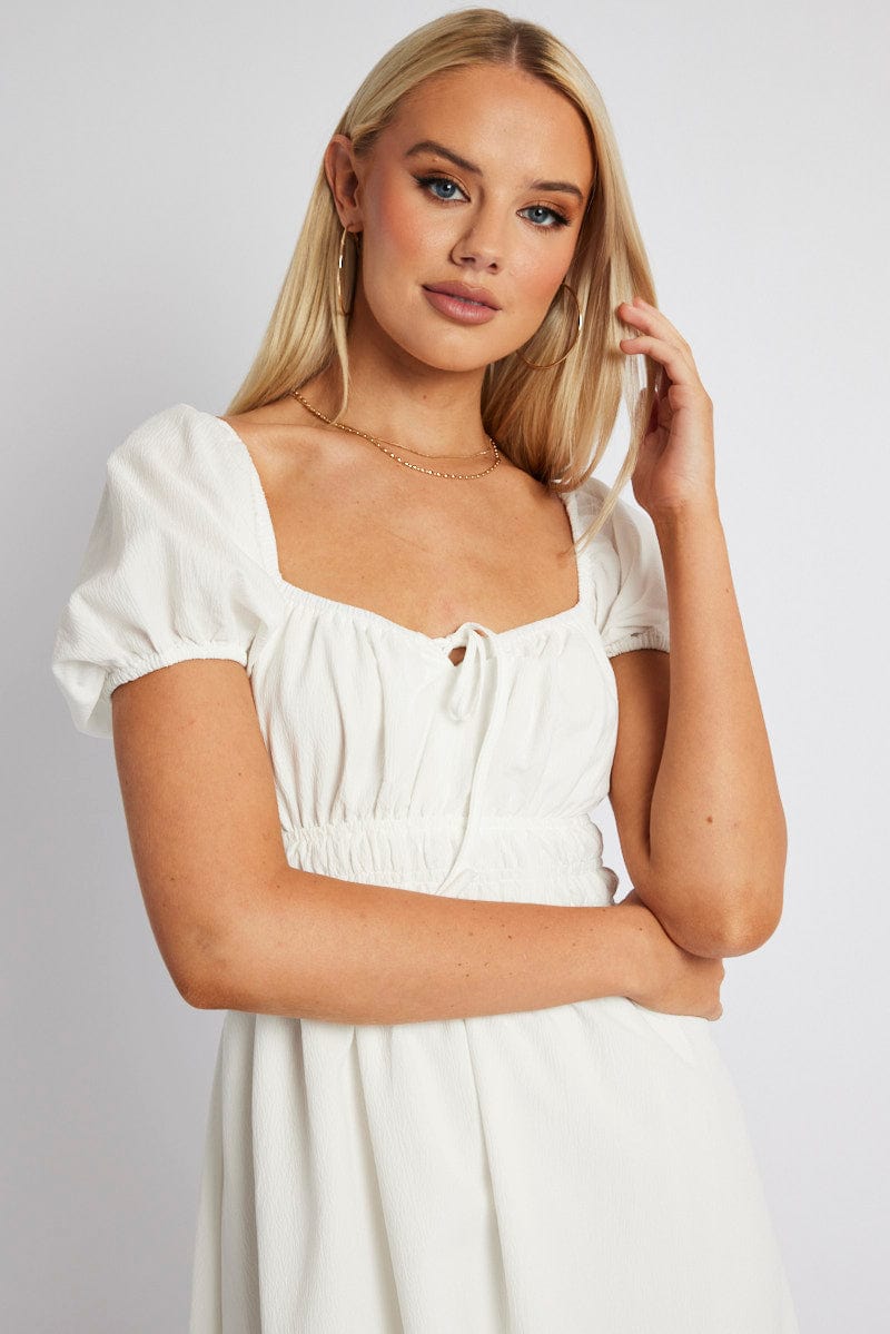 White Midi Dress Short Sleeve Ruched Bust for Ally Fashion