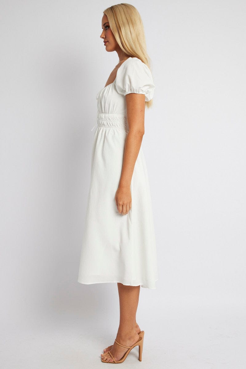 White Midi Dress Short Sleeve Ruched Bust for Ally Fashion