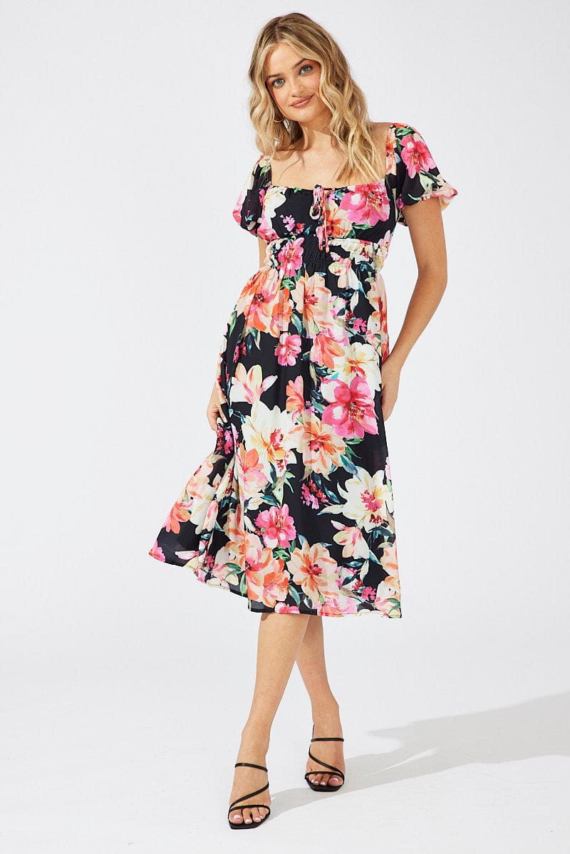 Black Floral Midi Dress Short Sleeve Ruched Bust for Ally Fashion