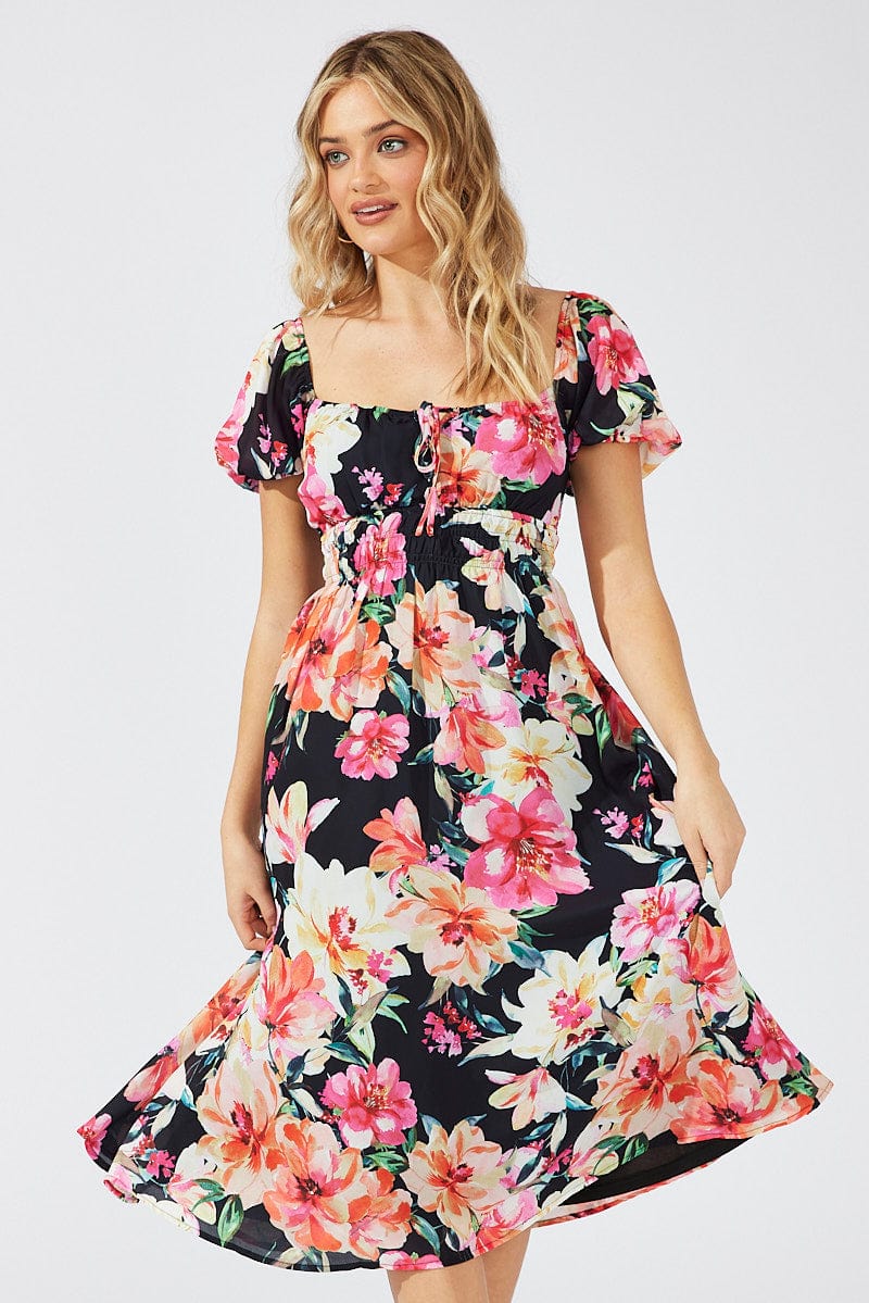 Black Floral Midi Dress Short Sleeve Ruched Bust for Ally Fashion