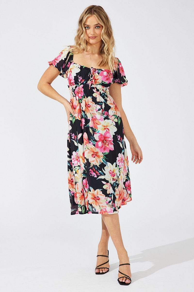 Black Floral Midi Dress Short Sleeve Ruched Bust for Ally Fashion