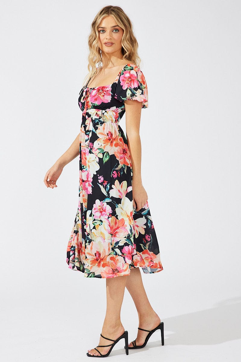 Black Floral Midi Dress Short Sleeve Ruched Bust for Ally Fashion