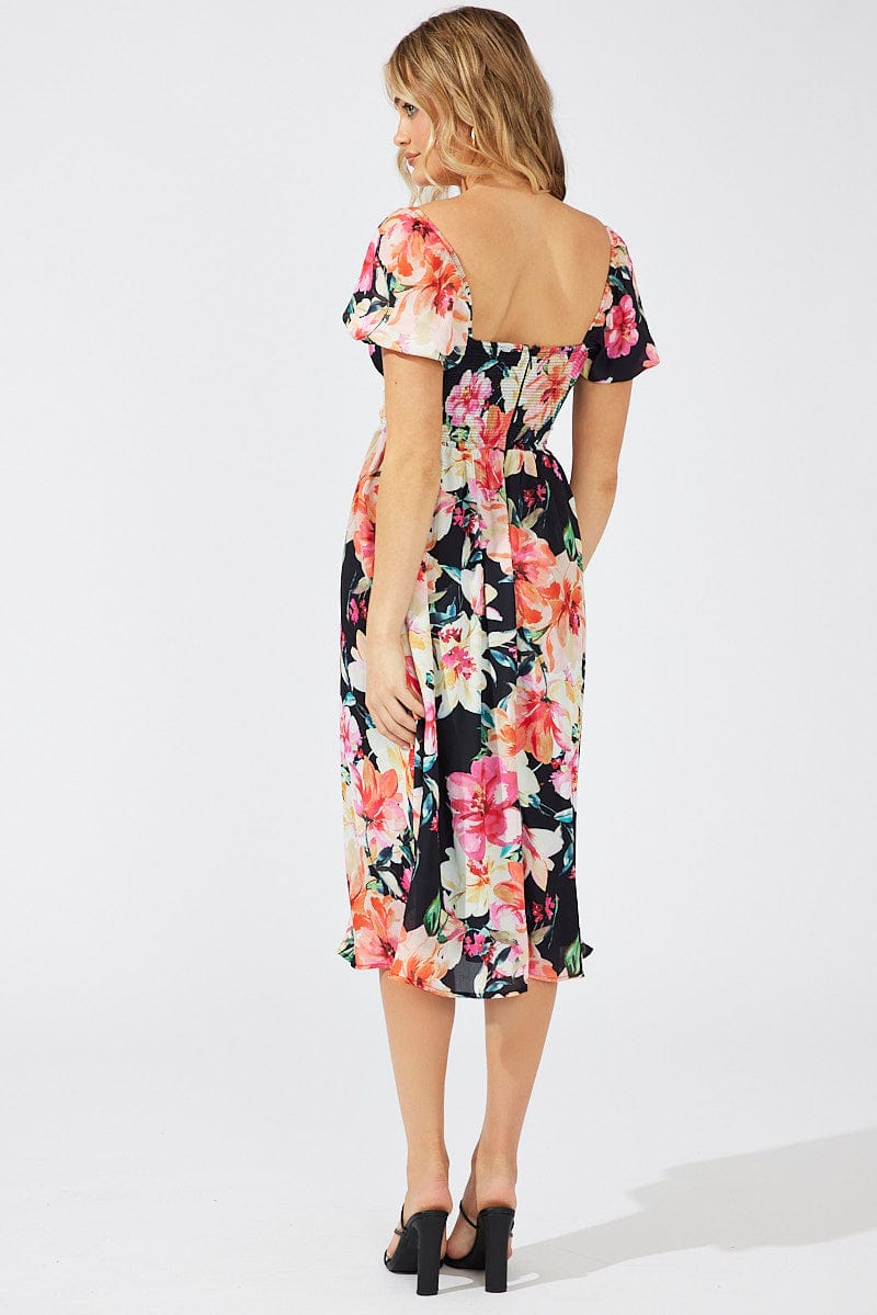 Black Floral Midi Dress Short Sleeve Ruched Bust for Ally Fashion