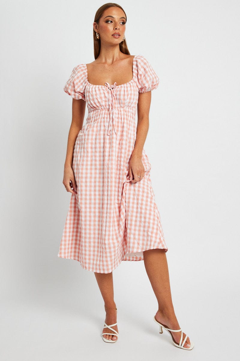 Pink Check Midi Dress Short Sleeve Ruched Bust for Ally Fashion