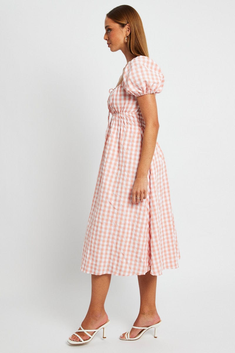 Pink Check Midi Dress Short Sleeve Ruched Bust for Ally Fashion