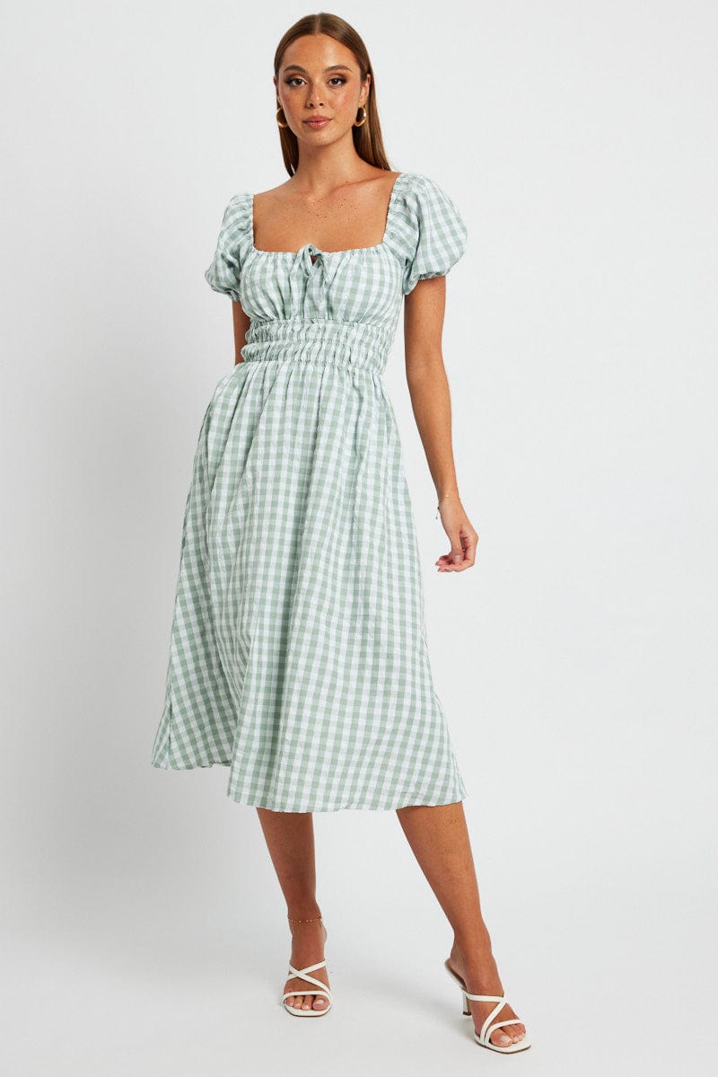 Green Check Midi Dress Short Sleeve Ruched Bust for Ally Fashion