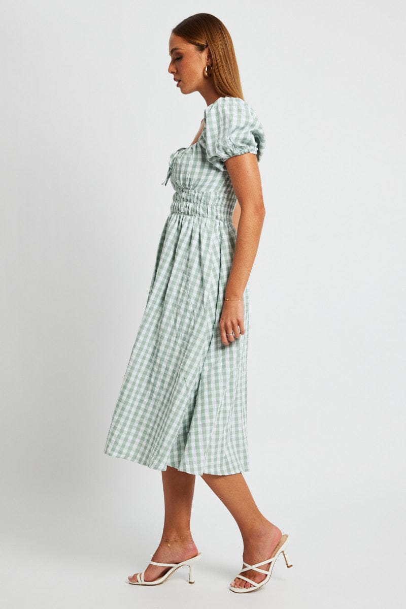 Green Check Midi Dress Short Sleeve Ruched Bust for Ally Fashion