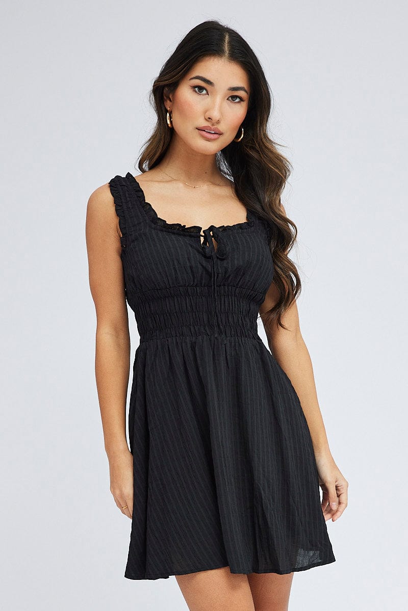 Black Fit and Flare Dress Sleeveless Waist Shirred for Ally Fashion