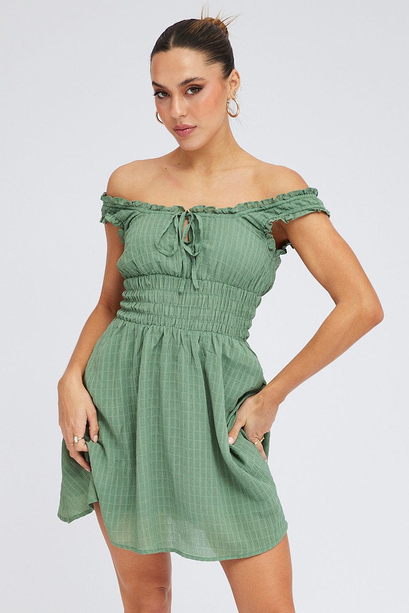 Green Fit and Flare Dress Sleeveless Waist Shirred for Ally Fashion