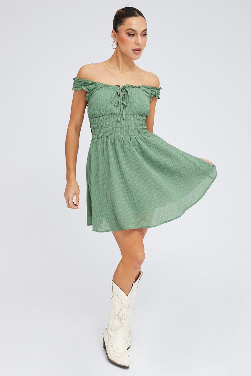 Green Fit and Flare Dress Sleeveless Waist Shirred for Ally Fashion