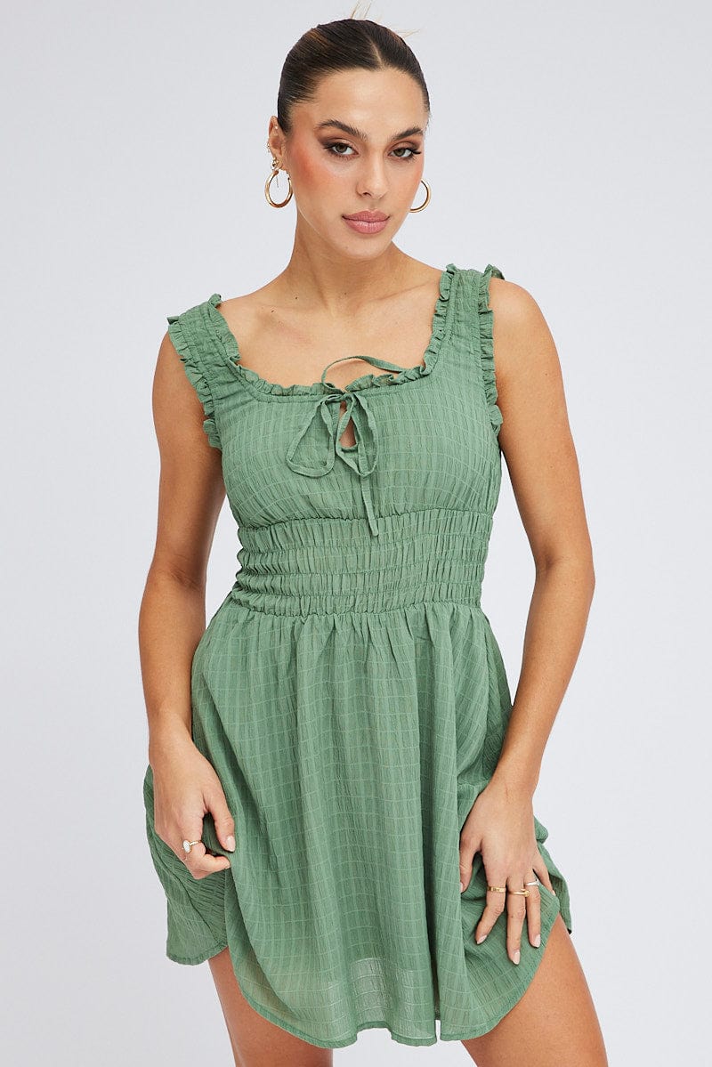 Green Fit and Flare Dress Sleeveless Waist Shirred for Ally Fashion