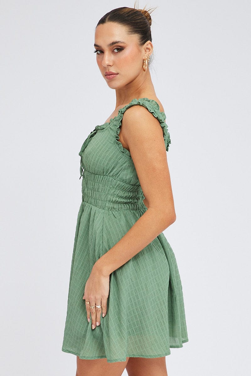 Green Fit and Flare Dress Sleeveless Waist Shirred for Ally Fashion