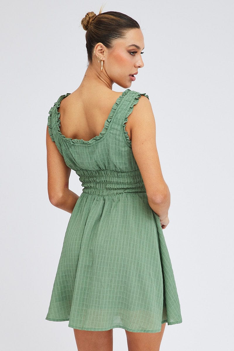 Green Fit and Flare Dress Sleeveless Waist Shirred for Ally Fashion