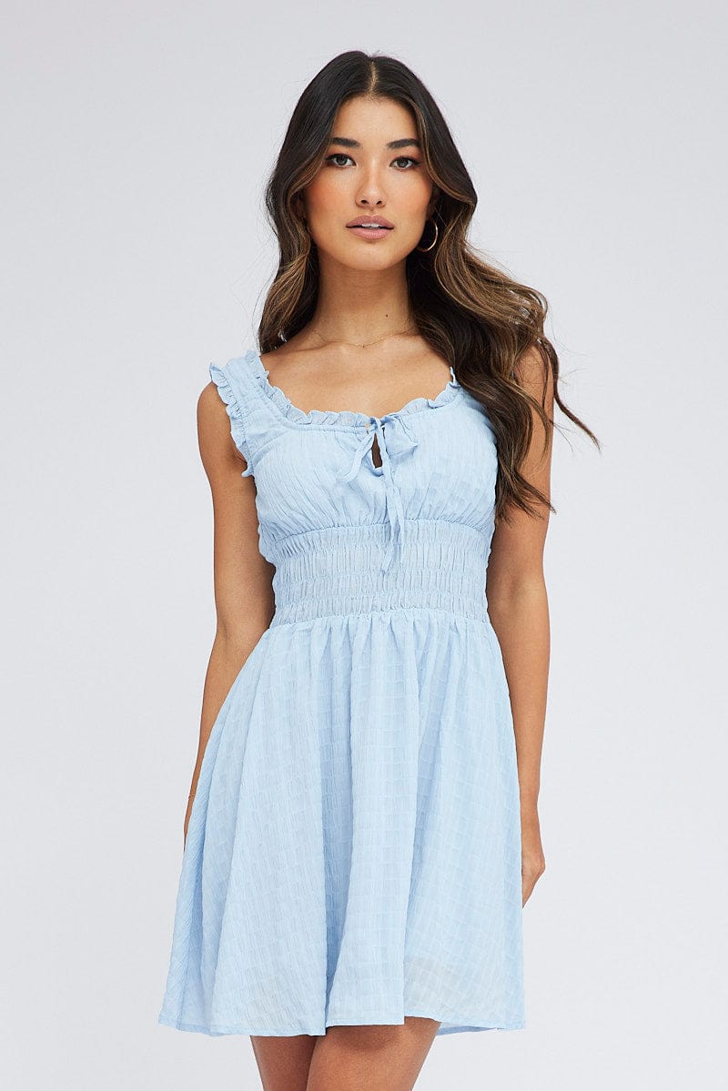 Blue Fit and Flare Dress Sleeveless Waist Shirred for Ally Fashion