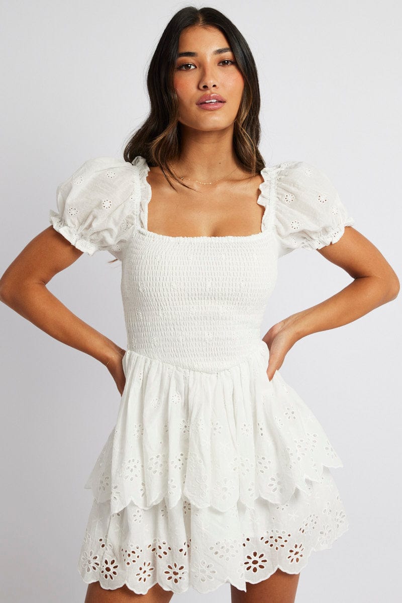 White Fit and Flare Dress Short Sleeve Embroidered | Ally Fashion