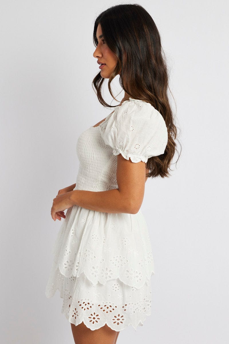 White Fit and Flare Dress Short Sleeve Embroidered for Ally Fashion