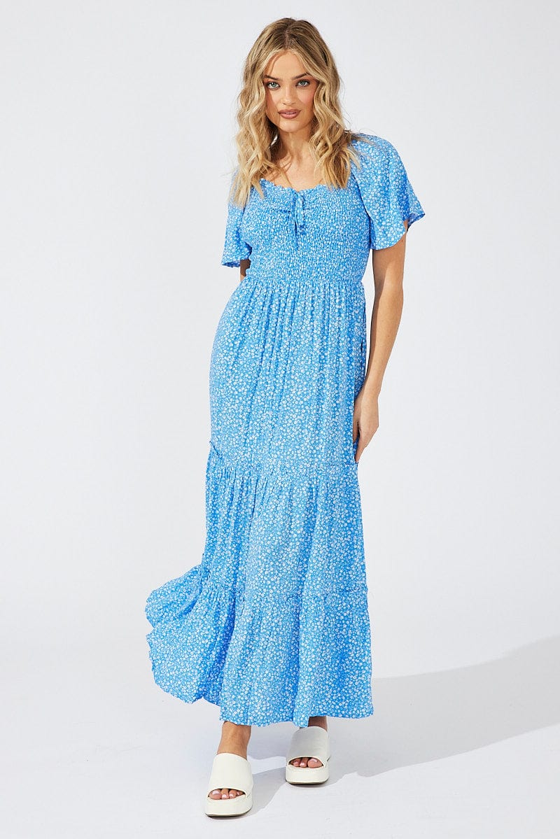 Blue Ditsy Maxi Dress Short Sleeve Shirred | Ally Fashion