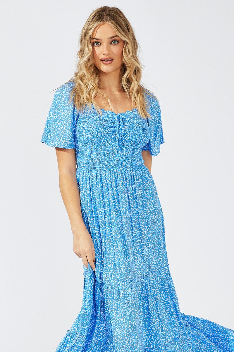 Blue Ditsy Maxi Dress Short Sleeve Shirred for Ally Fashion