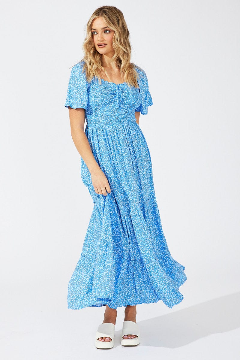 Blue Ditsy Maxi Dress Short Sleeve Shirred for Ally Fashion