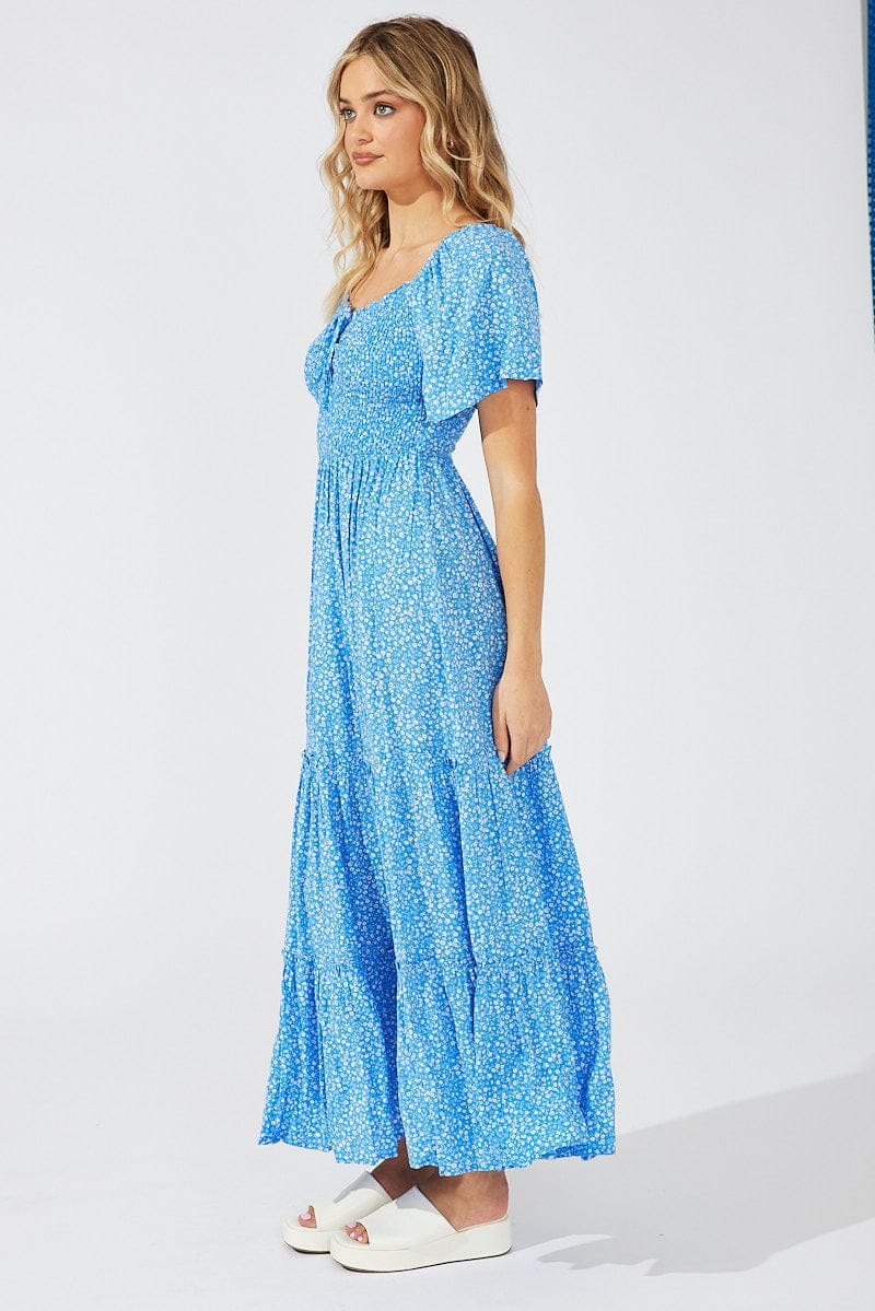 Blue Ditsy Maxi Dress Short Sleeve Shirred for Ally Fashion