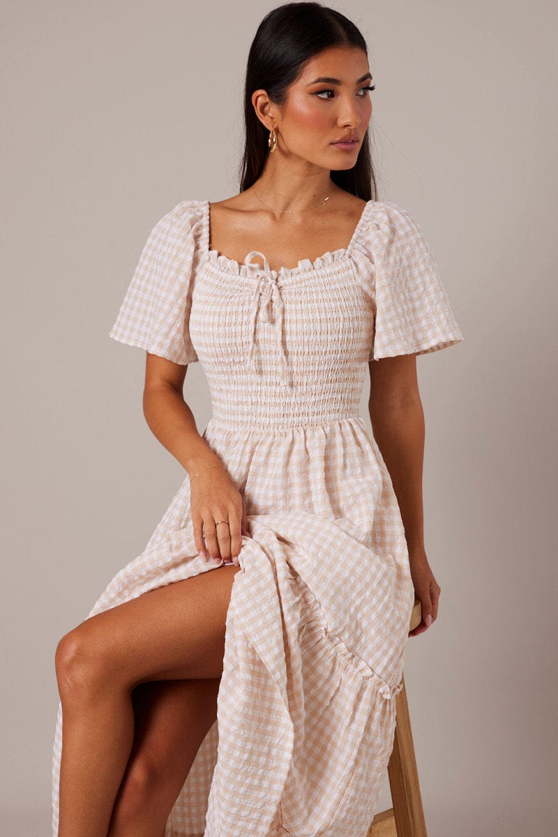 Beige Check Maxi Dress Short Sleeve Shirred for Ally Fashion