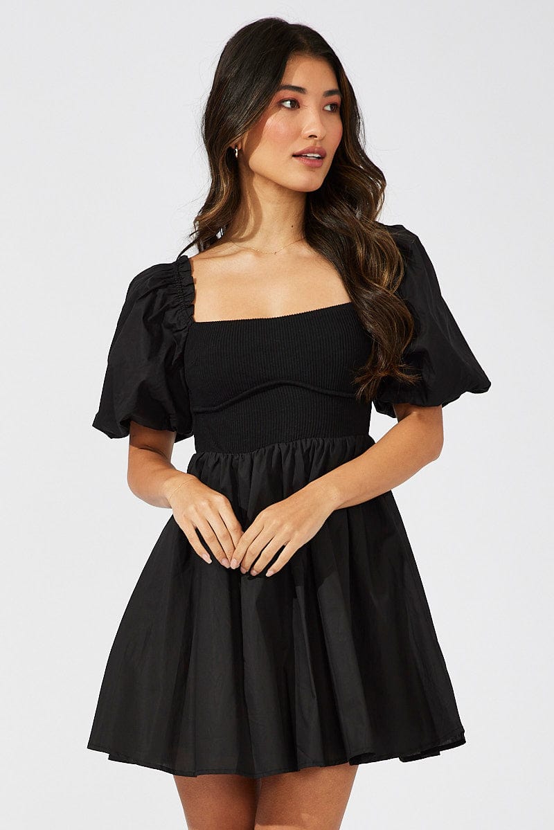 Black Fit and Flare Short Puff Sleeve for Ally Fashion