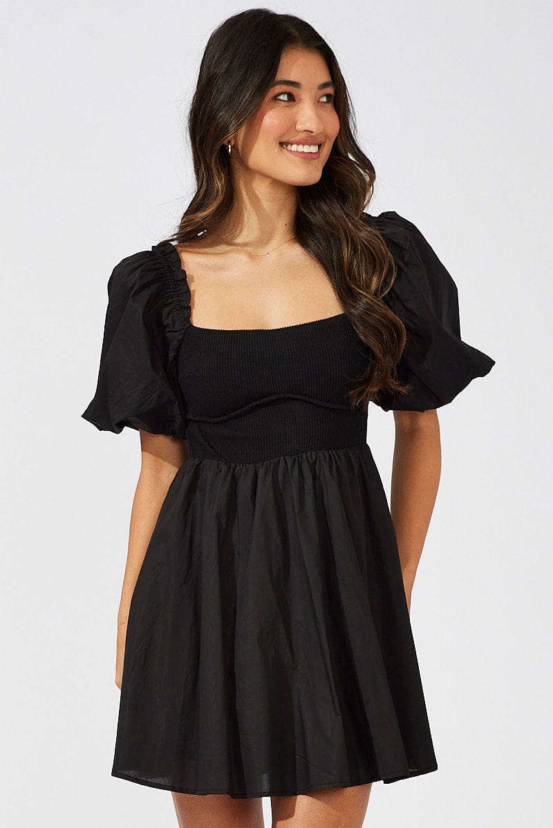 Black Fit and Flare Short Puff Sleeve for Ally Fashion