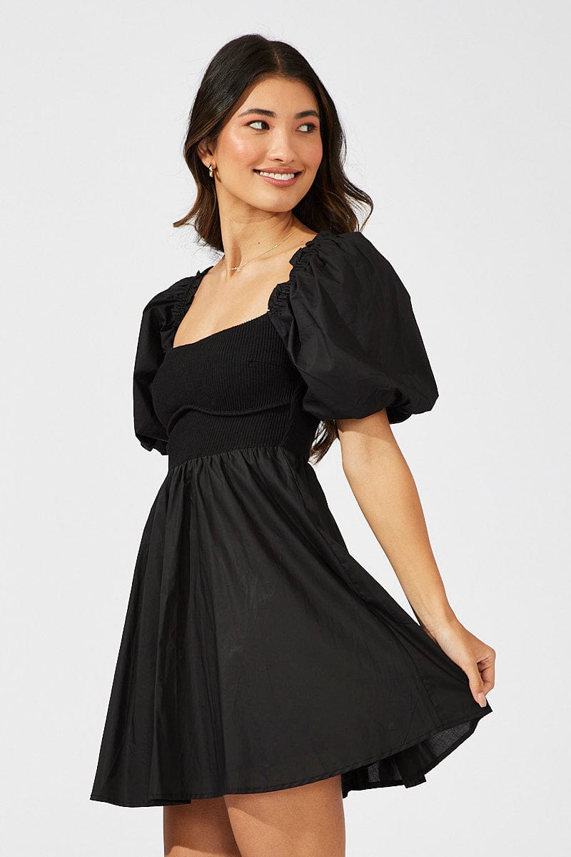 Black Fit and Flare Short Puff Sleeve for Ally Fashion