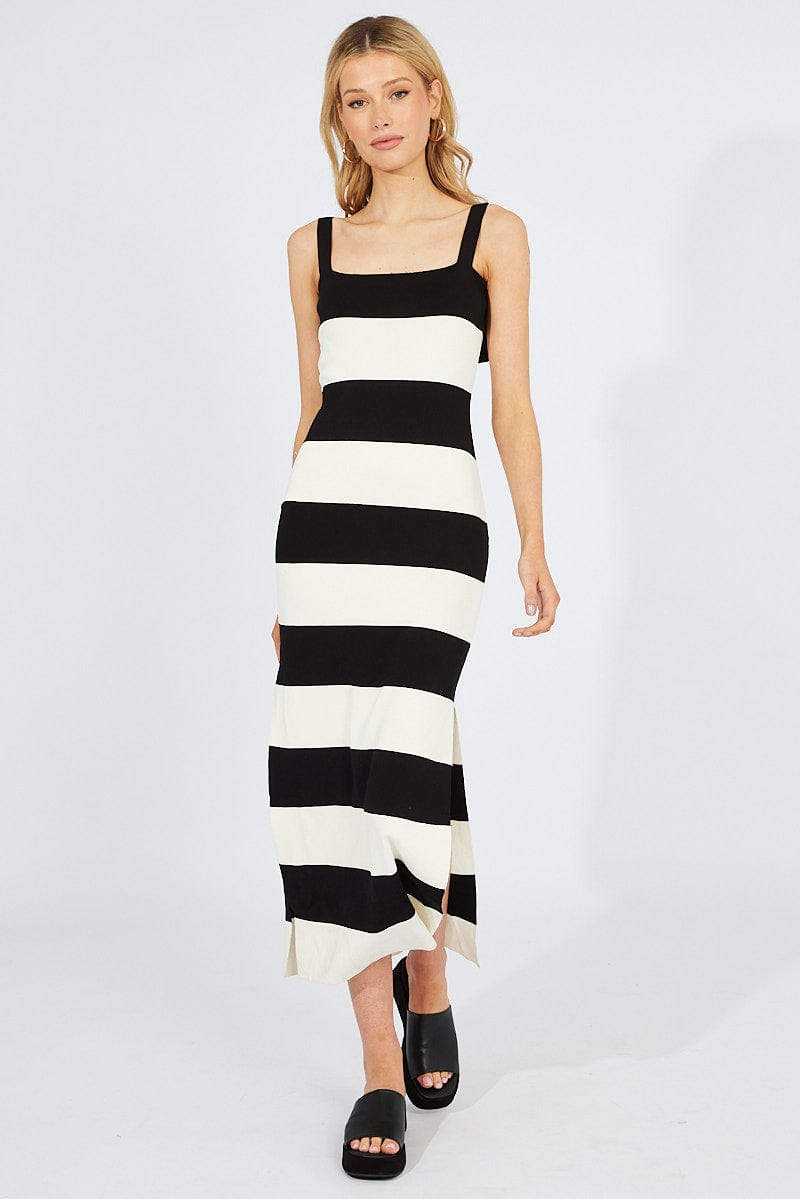 Black Stripe Knit Dress Sleeveless Tie Shoulder for Ally Fashion