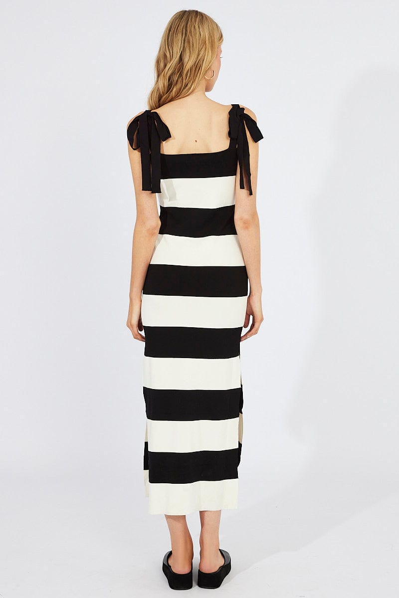 Black Stripe Knit Dress Sleeveless Tie Shoulder for Ally Fashion