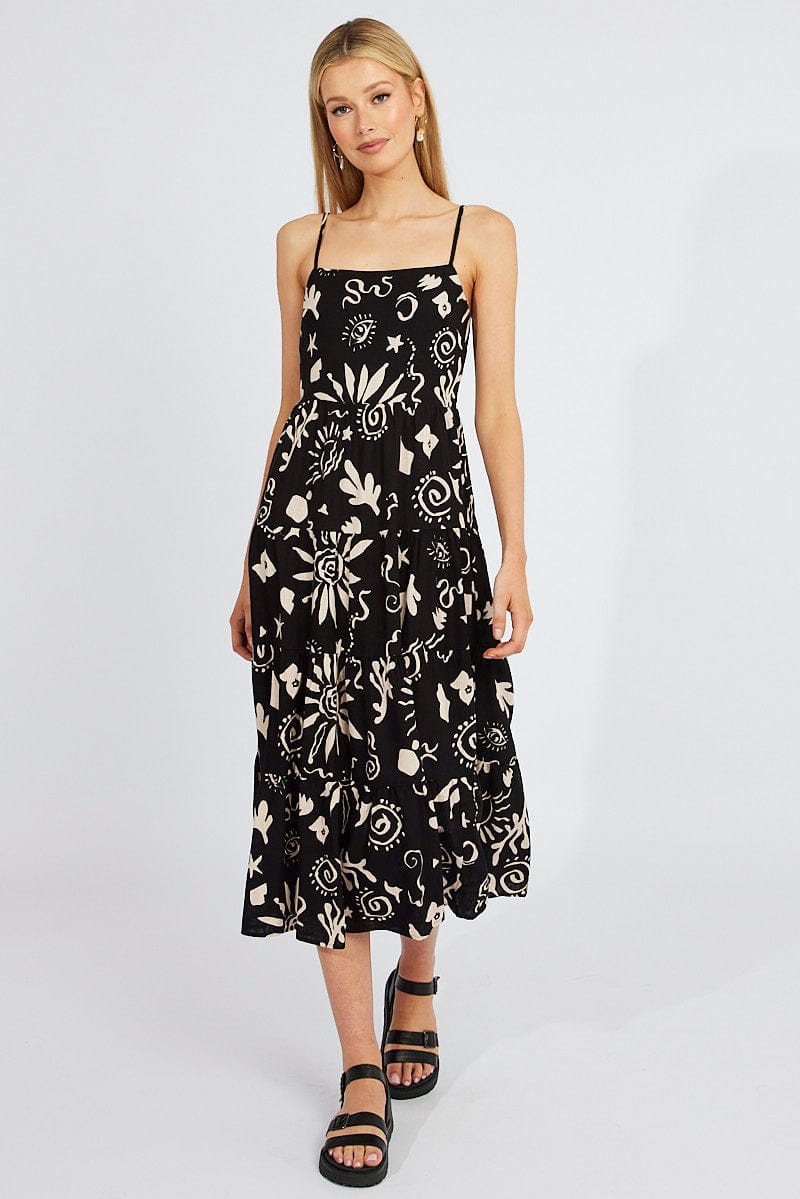Black Abstract Maxi Dress Tiered Strappy | Ally Fashion