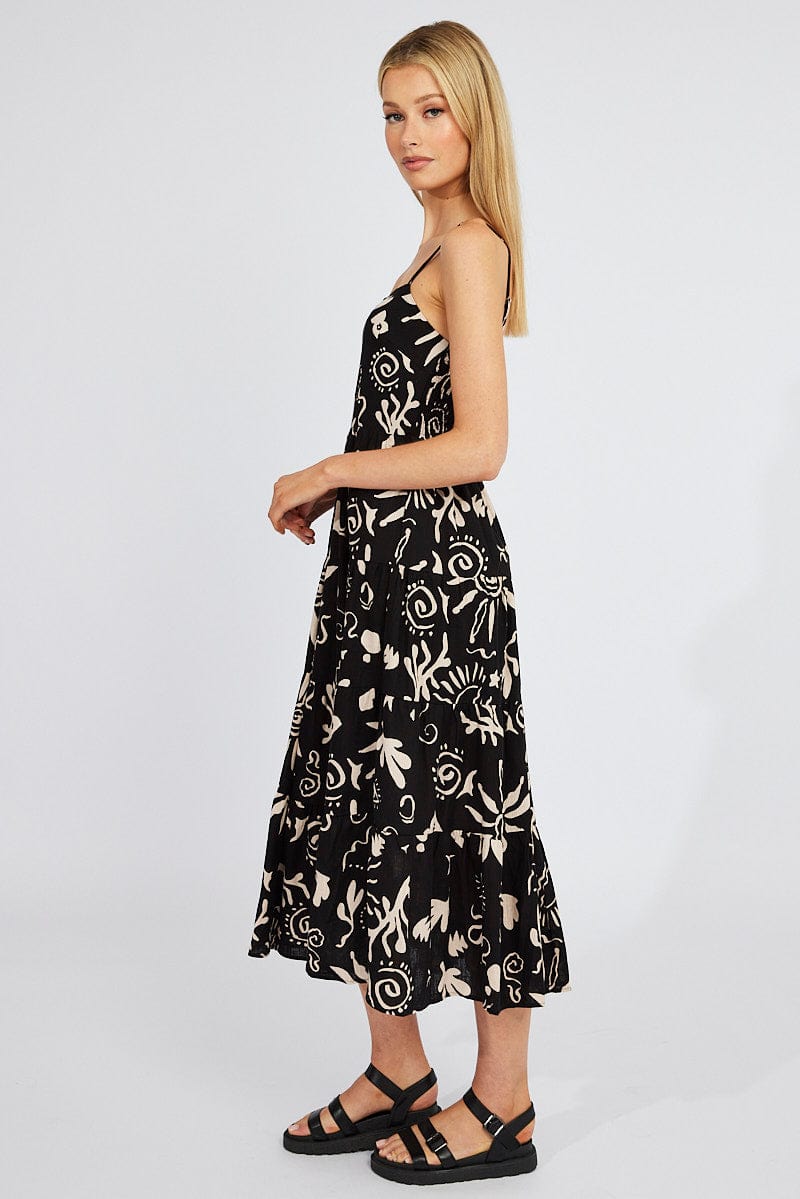 Black Abstract Maxi Dress Tiered Strappy for Ally Fashion