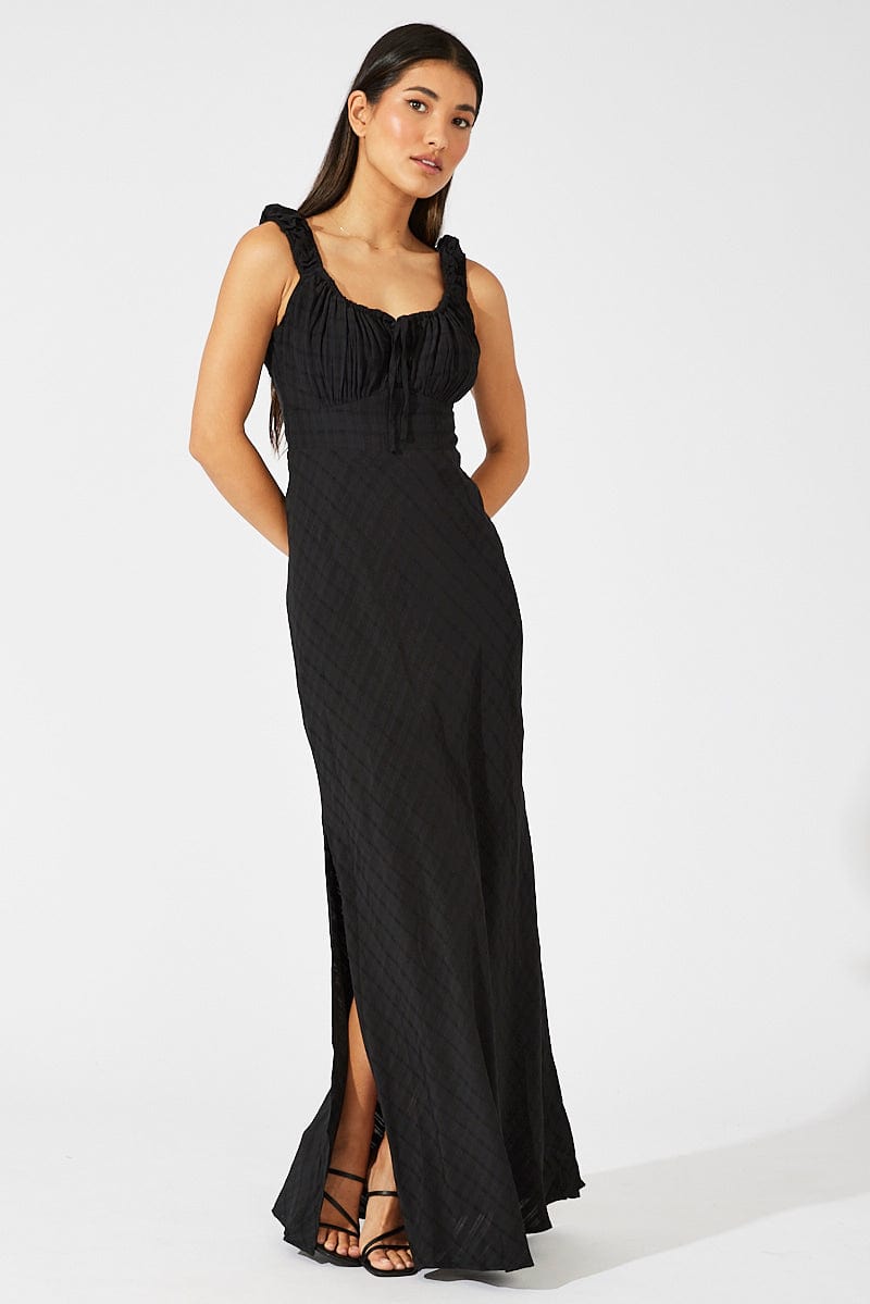 Black Maxi Dress Short Sleeve Ruched Bust | Ally Fashion